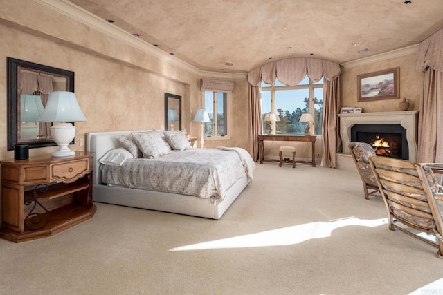 7756 St Andrews Rd, Rancho Santa Fe, CA 92067 - carpeted bedroom featuring ornamental molding and a warm lit fireplace