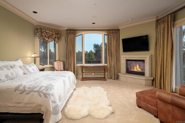 7756 St Andrews Rd, Rancho Santa Fe, CA 92067 - carpeted bedroom with crown molding and a tiled fireplace
