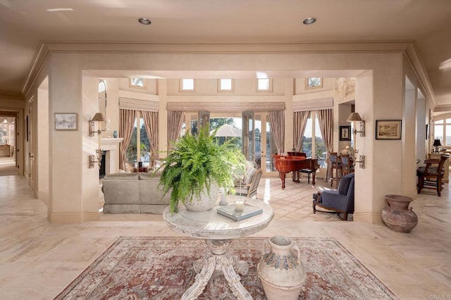 7756 St Andrews Rd, Rancho Santa Fe, CA 92067 - entrance foyer featuring marble finish floor, baseboards, and ornamental molding