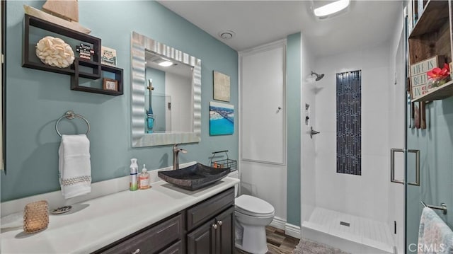 bathroom with vanity, a stall shower, toilet, and wood finished floors