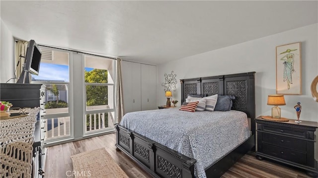 bedroom with a wall of windows and dark hardwood / wood-style floors