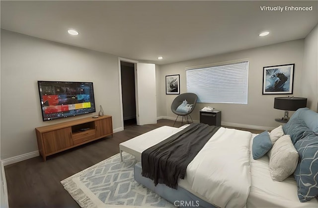 bedroom featuring recessed lighting, dark wood-style flooring, and baseboards