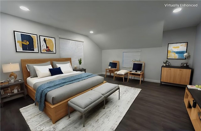 bedroom featuring dark wood-style floors, recessed lighting, lofted ceiling, and baseboards