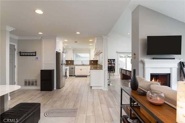 living room featuring sink, light hardwood / wood-style floors, and a healthy amount of sunlight