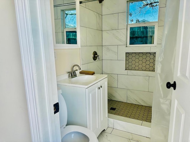 bathroom featuring vanity, toilet, and a shower with shower curtain