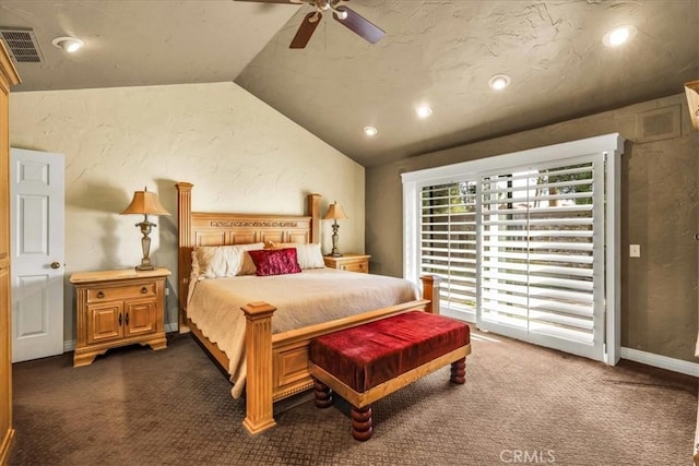 carpeted bedroom with ceiling fan and lofted ceiling