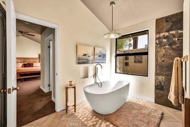 bathroom featuring independent shower and bath, lofted ceiling, and ceiling fan