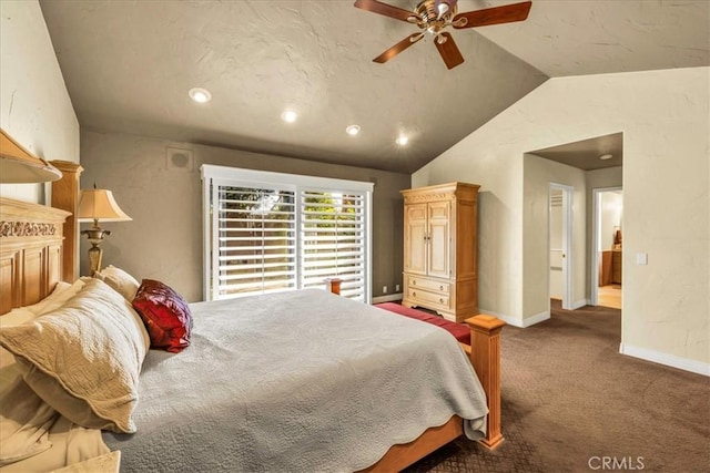 carpeted bedroom with vaulted ceiling and ceiling fan