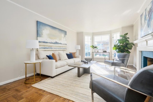 living room with parquet floors and a fireplace