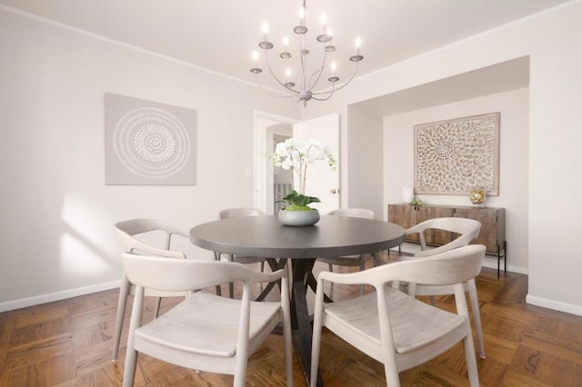 dining room featuring crown molding, dark parquet flooring, and a chandelier