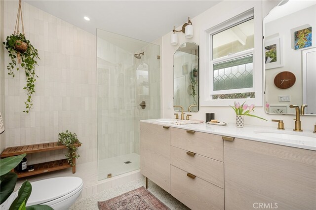bathroom featuring double vanity, a sink, and a walk in shower