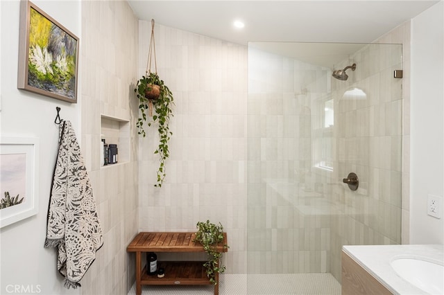 full bath featuring vanity and a walk in shower