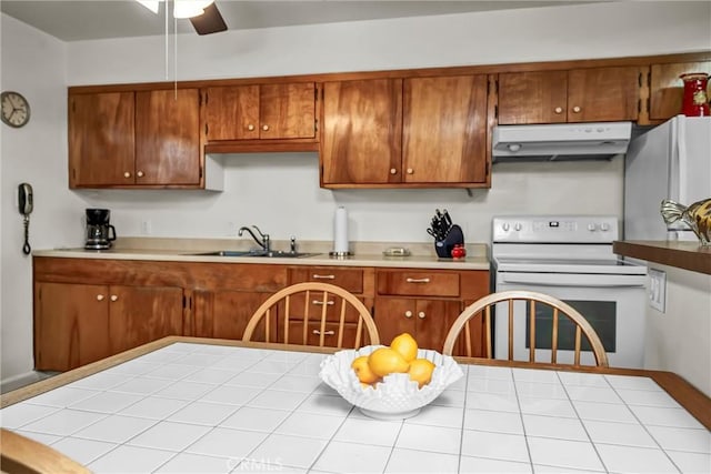 kitchen with ceiling fan, white appliances, and sink