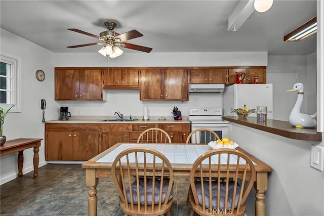 kitchen with ceiling fan, white appliances, and sink