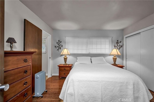 bedroom featuring radiator heating unit, dark hardwood / wood-style flooring, and a closet