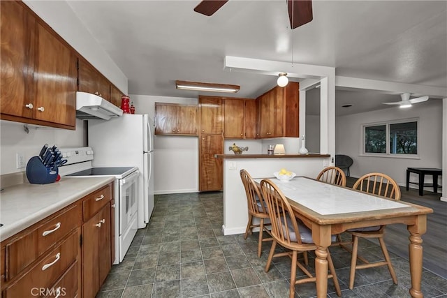 kitchen with white electric range and ceiling fan