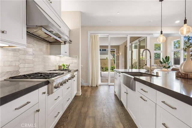 kitchen with white cabinetry, sink, hanging light fixtures, and exhaust hood