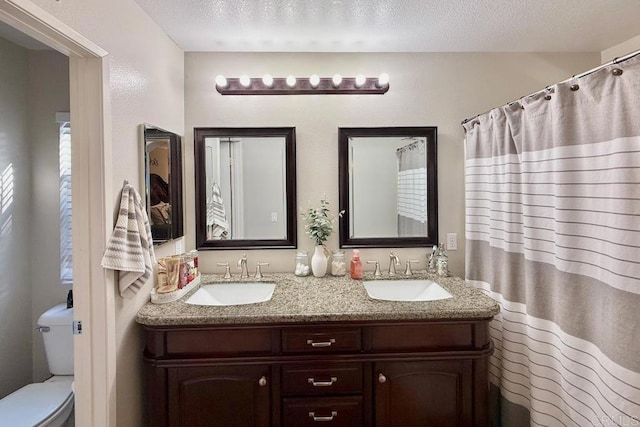 bathroom with vanity, a textured ceiling, and toilet