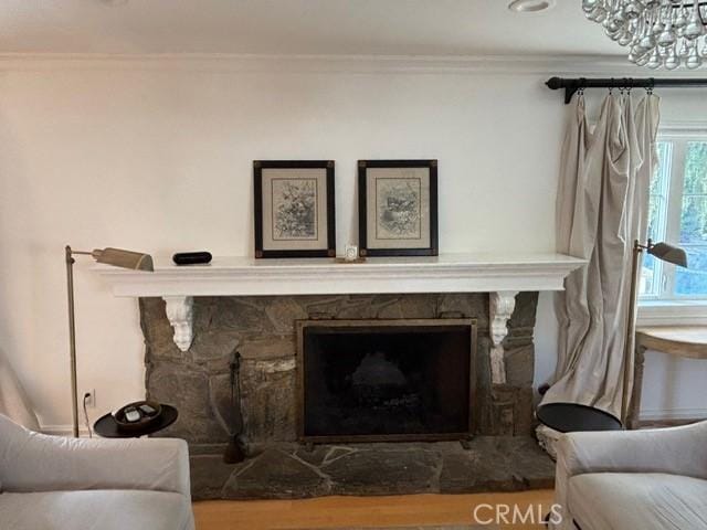 interior space with ornamental molding, a fireplace, and hardwood / wood-style floors