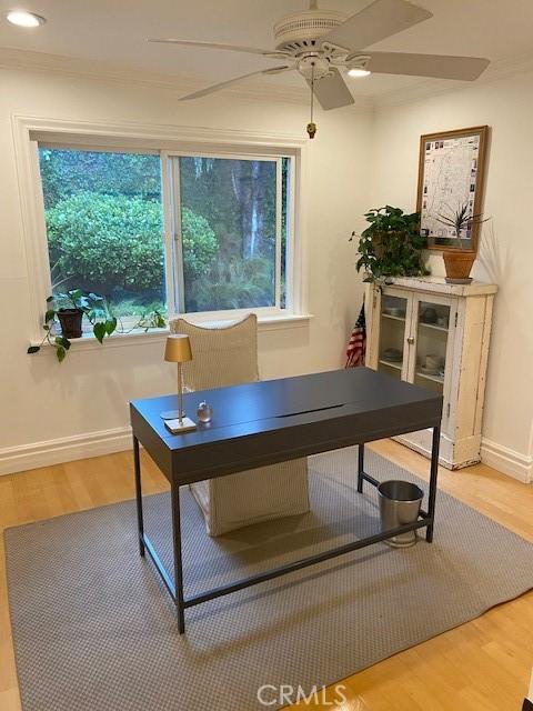 home office featuring wood-type flooring and ceiling fan