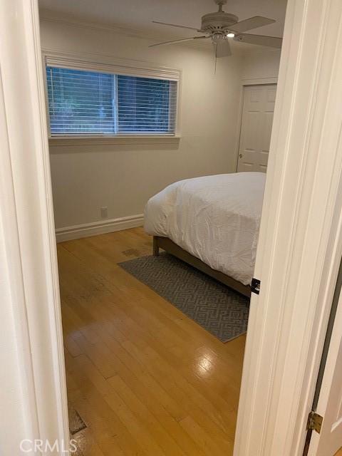 bedroom featuring ceiling fan and hardwood / wood-style floors