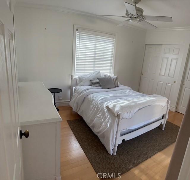 bedroom featuring ceiling fan, ornamental molding, a closet, and light wood-type flooring