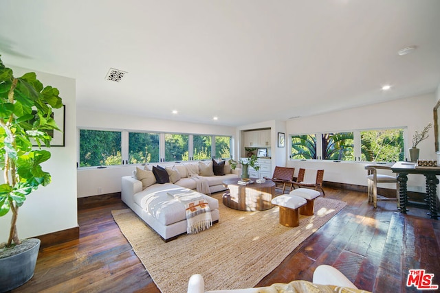 living room featuring dark wood-type flooring and plenty of natural light