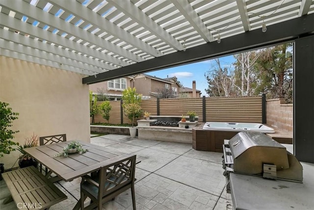 view of patio / terrace featuring a pergola and a hot tub