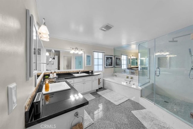 bathroom featuring ornamental molding, vanity, and separate shower and tub