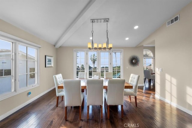 dining area featuring an inviting chandelier, dark hardwood / wood-style flooring, and vaulted ceiling with beams