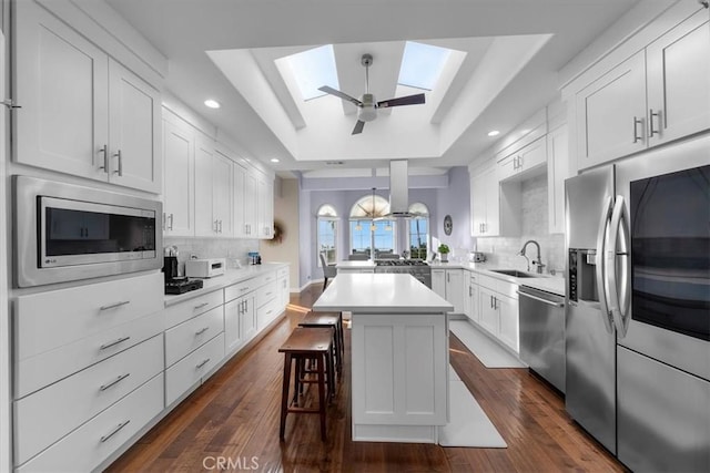 kitchen with stainless steel appliances, a raised ceiling, a center island, and white cabinetry