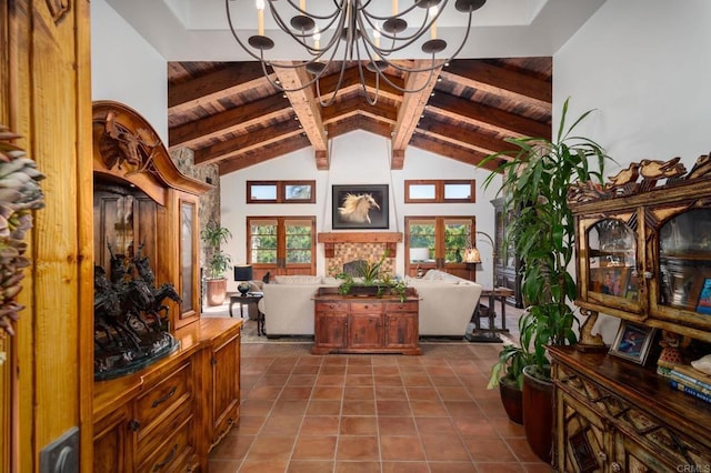 interior space with dark tile patterned floors, wooden ceiling, vaulted ceiling with beams, and a notable chandelier