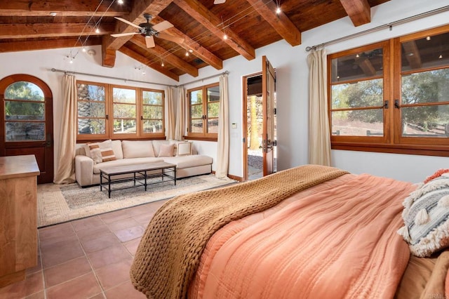 bedroom featuring vaulted ceiling with beams, access to outside, tile patterned floors, and wood ceiling