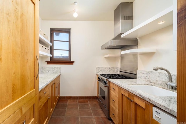 kitchen featuring sink, stainless steel gas range, dishwasher, light stone countertops, and wall chimney exhaust hood