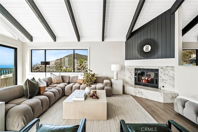 22332 Eagle Rock Way, Laguna Beach, CA 92651 - living room featuring a high end fireplace, wood finished floors, and plenty of natural light