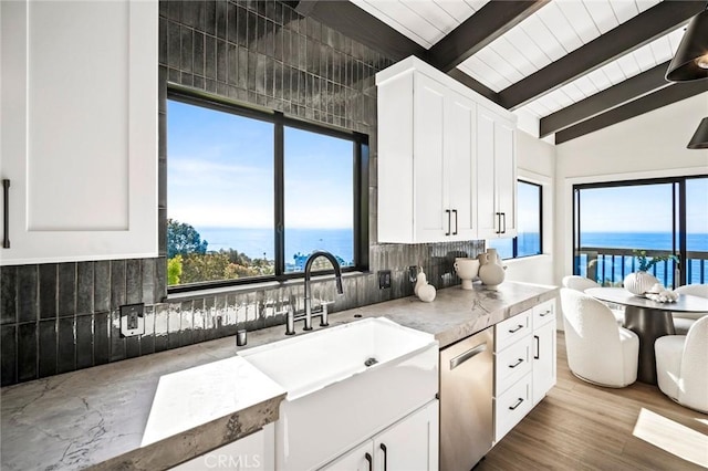 22332 Eagle Rock Way, Laguna Beach, CA 92651 - kitchen with a water view, dishwasher, white cabinetry, and wood ceiling