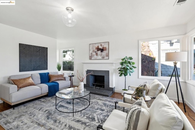 living room featuring wood-type flooring, a fireplace, and a healthy amount of sunlight