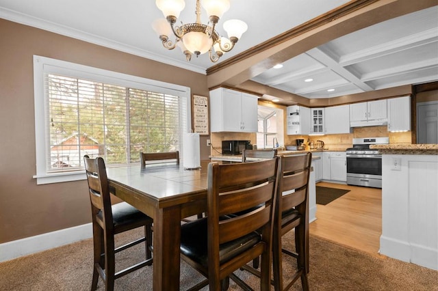 dining space with ornamental molding, a healthy amount of sunlight, coffered ceiling, and a chandelier