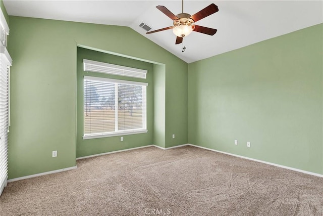 11262 Country Club Dr, Apple Valley, CA 92308 - carpeted empty room with visible vents, baseboards, ceiling fan, and vaulted ceiling