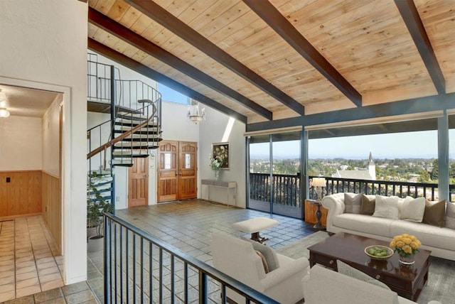 living room with beamed ceiling, high vaulted ceiling, wooden ceiling, and a chandelier