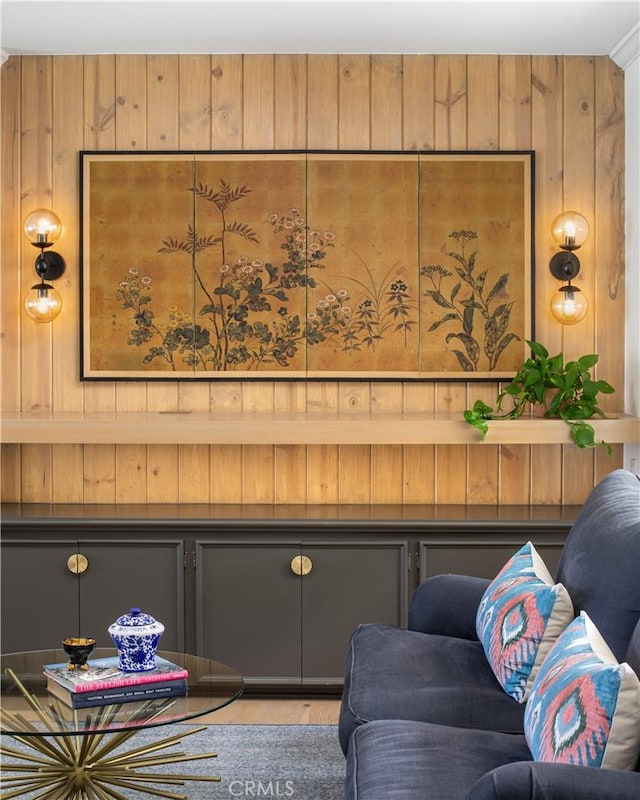 interior space featuring wooden walls