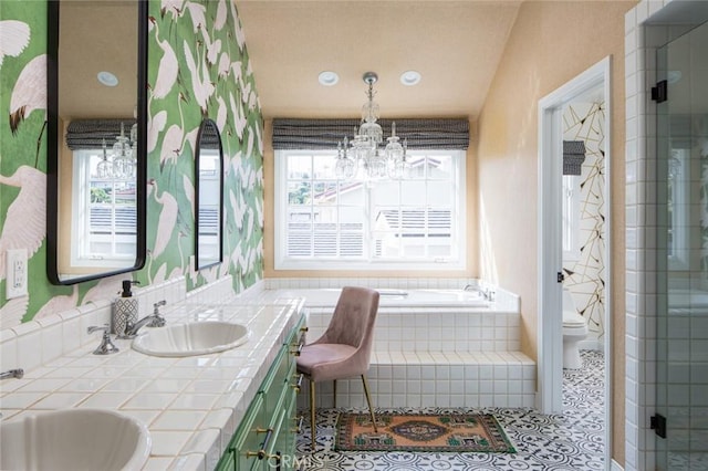 bathroom with plenty of natural light, toilet, a stall shower, and a sink