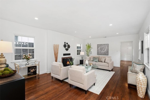 living room with dark hardwood / wood-style flooring