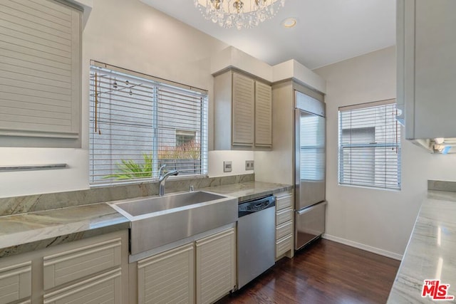 kitchen featuring stainless steel appliances, a healthy amount of sunlight, dark hardwood / wood-style floors, and sink