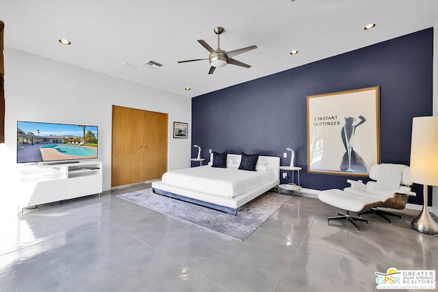 bedroom featuring concrete floors and ceiling fan