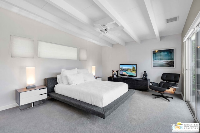 carpeted bedroom featuring ceiling fan and beam ceiling