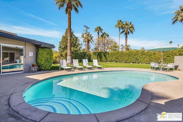 view of swimming pool featuring a yard and a patio