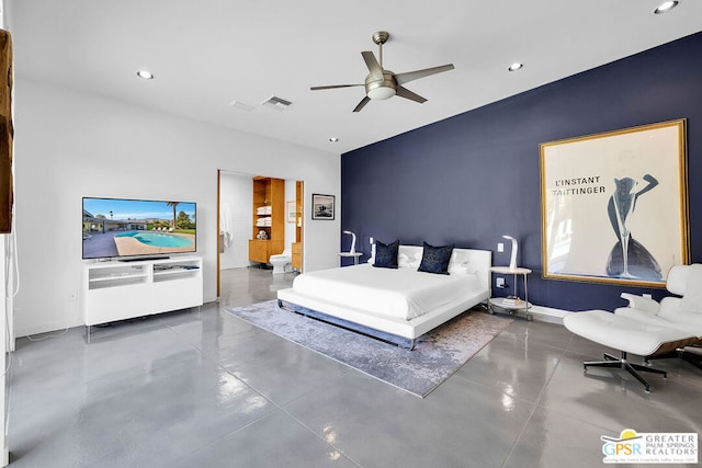 bedroom featuring ensuite bathroom and ceiling fan