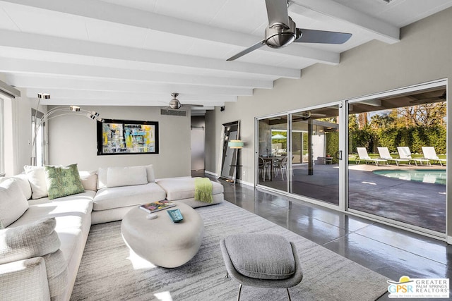 living room featuring beamed ceiling and ceiling fan