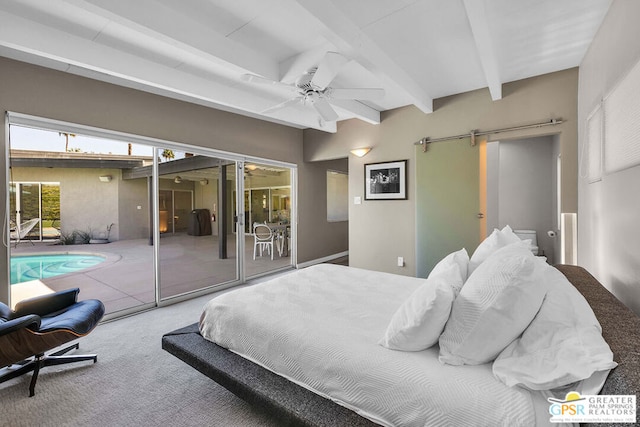 carpeted bedroom featuring access to exterior, beam ceiling, a barn door, and ceiling fan